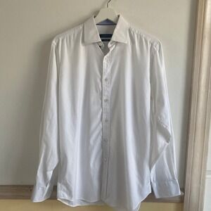 BUGATCHI Mens Classic Fit White Herringbone Dress Shirt Long Sleeve Size 15/33